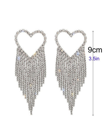 1Pair Heart Shaped Tassel Design Rhinestone Earrings